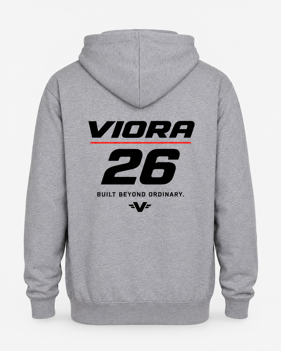 VIORA D26-R HOODIE – Oxford Grey – ryg med VIORA 26 print